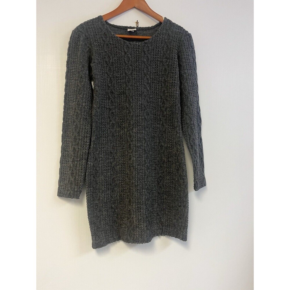 Benetton long sweater dress Womens M Gray Knit wool blend Crew Neck Cozy Prep